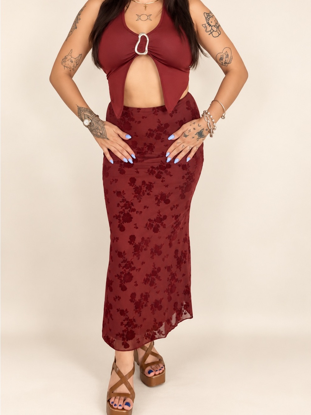 See You Monday Burgundy Floral Slip Maxi Skirt